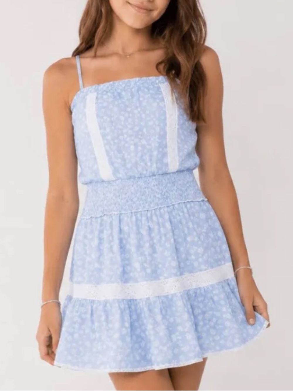 Katie J NYC Light Blue Floral Mini Dress with White Lace
